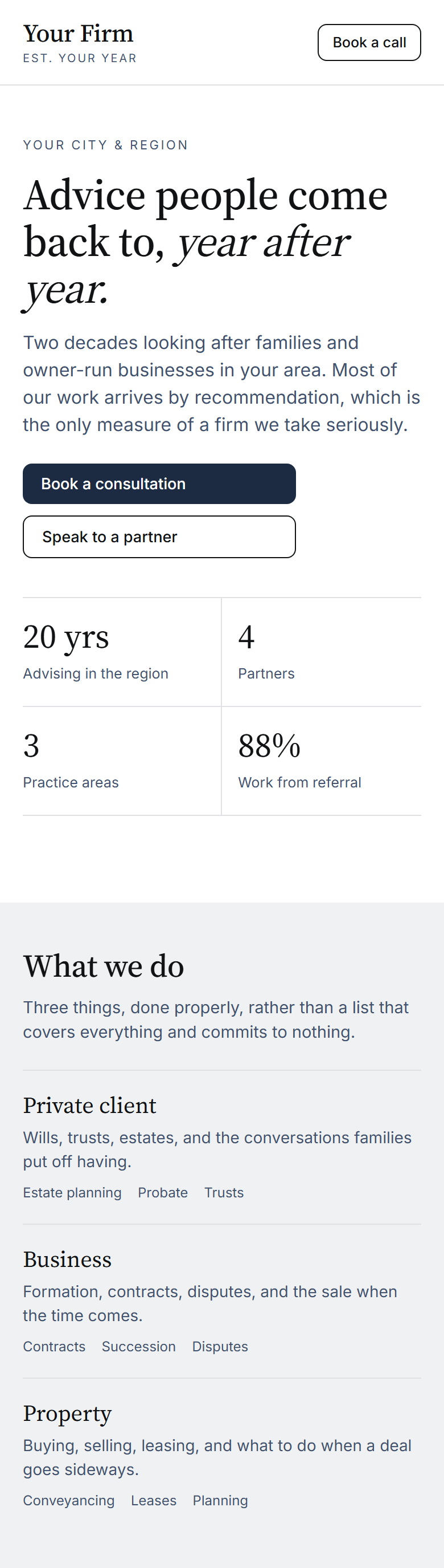 A sample professional firm website shown on a phone