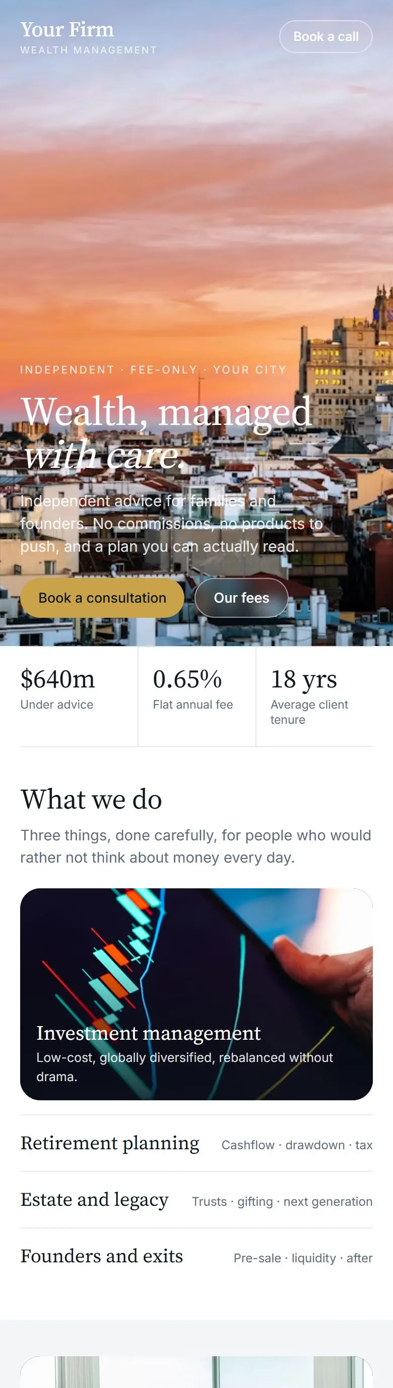 A sample professional firm website shown on a phone